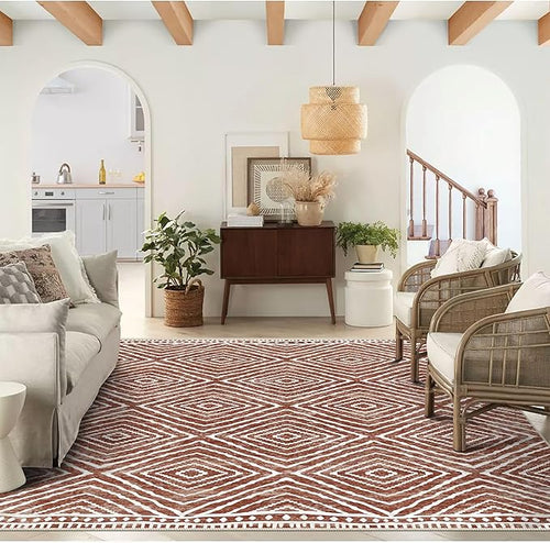 4x6 Rug, Small Area Rug for Living Room, Bedroom, Kitchen, Machine Washable Non-Slip Throw Rug, Low Pile Carpet Western Rug for Entryway Nursery Coffee Table, Brown Red
