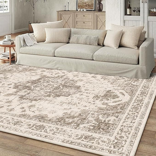 6x9 Vintage Washable Area Rugs Boho Medallion Large Distressed Retro Accent Carpet Floral Non-Slip Soft Low Pile Indoor Throw Rug for Living Room Bedroom Dining Room Office Kitchen, Taupe