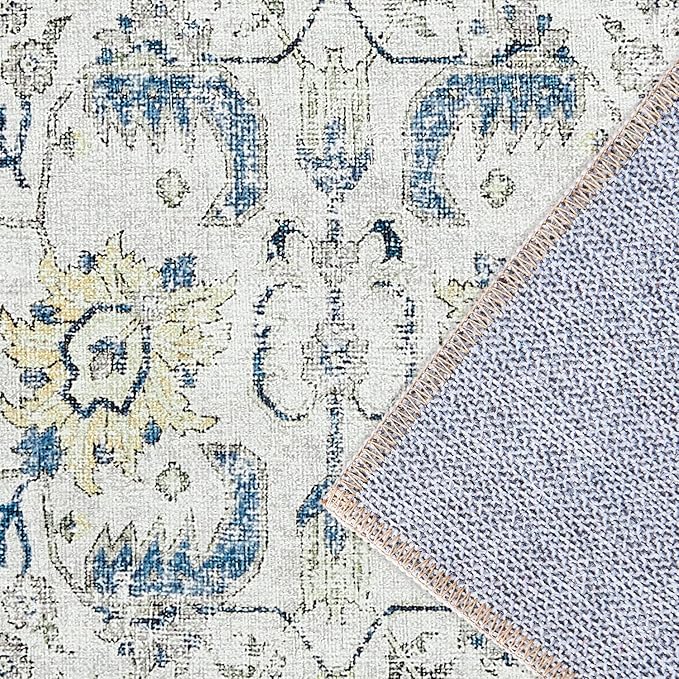 jinchan Kalen Area Rug 2x3 Washable Entryway Rug Vintage Doormat Indoor Entrance Lightweight Thin Retro Distressed Door Mat Floral Print Country Boho Non Slip Carpet for Bathroom Kitchen Bedroom Blue
