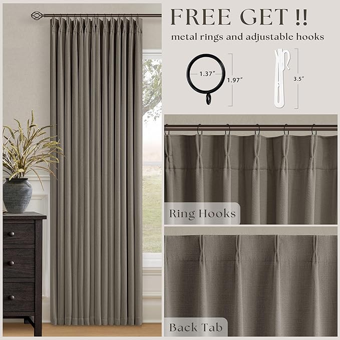 Dark Taupe 96 Inch Blackout Pinch Pleated Curtains 2 Panel Set for Living Room Darkening Thick Linen Textured 100% Black Out Drapes 96 Inches Long Pinch Pleat Light Blocking Bedroom Brownish Gray