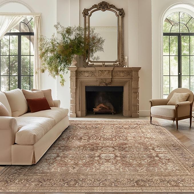 vivorug 9x12 Area Rugs for Living Room, Non Slip Machine Washable Vintage Rug, Ultra-Thin Lightweight Large Area Rug for Bedroom, Dining Room, Low Pile Brown Rug