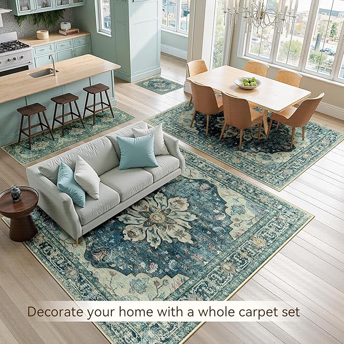 Area Rugs 6'x9' Washable Non-Slip, Floral Vintage Distress Print Pattern Medallion Carpet for Living Room Bedroom Dining Room, Dark Blue Vintage