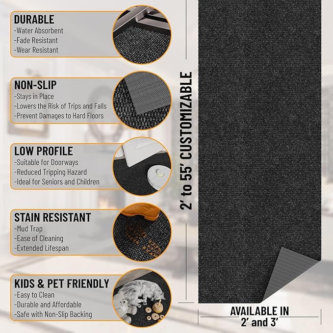 Ottomanson Commercial Scrape Rib Entry Mat – Heavy Duty Ribbed Floor Mat for High Traffic – Non Slip Rubber Back, Waterproof – Indoor Outdoor Use for Offices, Schools, Lobbies, 2'7" x 41', Black