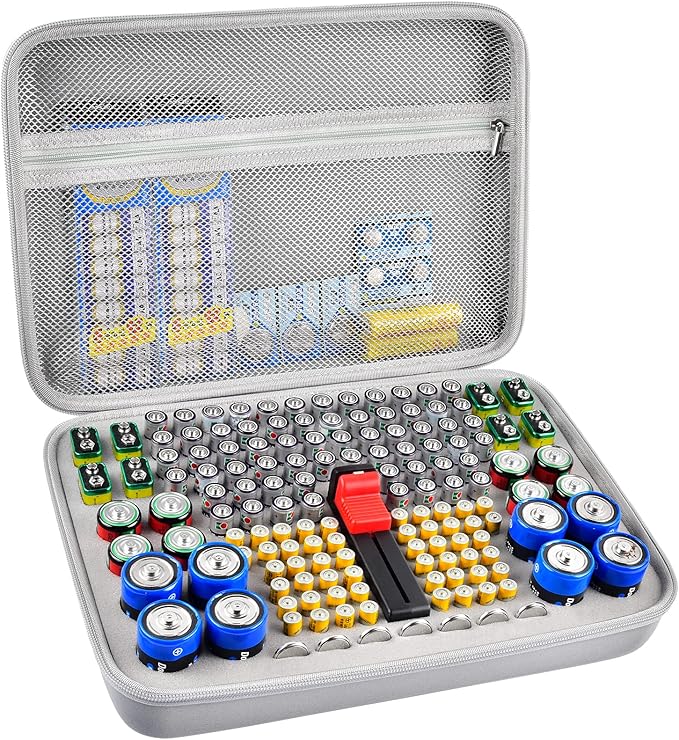Battery Organizer Case, 150+ Batteries Storage Holder Container with Tester Garage Organization Box for AA AAA 9V C D Lithium 3V LR44 CR2016 CR1632 CR2032 CR2025 (Not Includes Battery Pack)-Gray