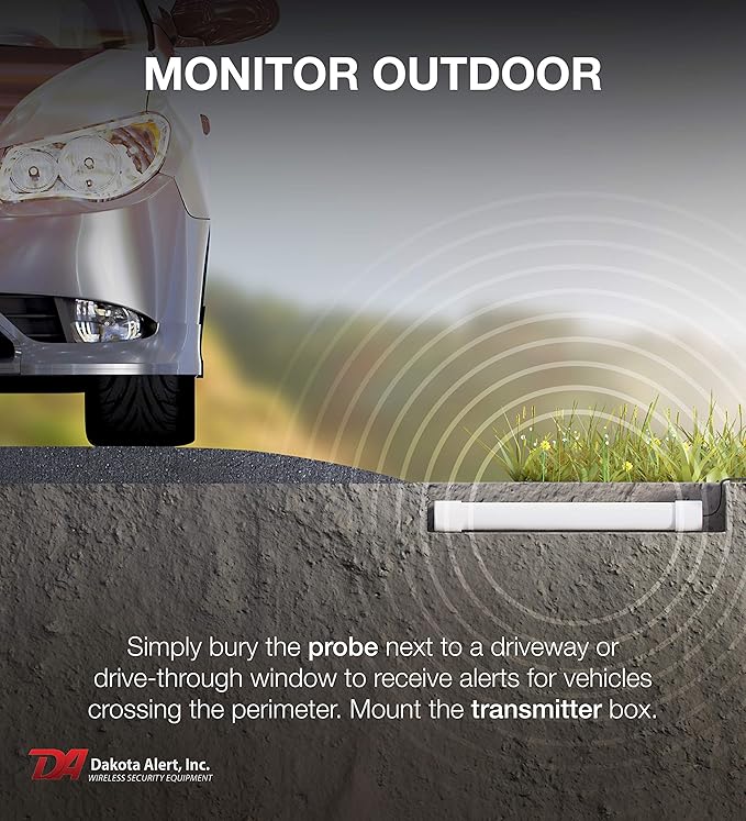 Dakota Alert Driveway Alarm Sensor - DCPT-4000 Driveway Alarms Wireless Outside Weatherproof Vehicle Sensor, 1 Mile Long Range Sensors , Vehicle Detecting Probe Transmitter & 50' Direct Burial Cable