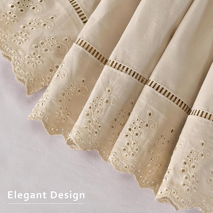 MIYE Wrap Around Ruffled Lace Bed Skirt, Elastic Dust Ruffle with Adjustable Belts, Easy to Put On, Bed Frame Cover, Machine Washable (Embroidered/Beige, King/Queen-18 Drop)