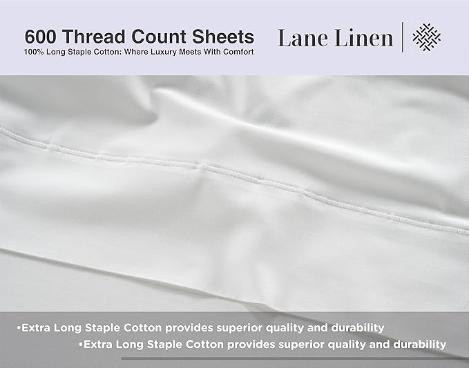 LANE LINEN 600 Thread Count 100% Cotton Split King Sheets Set for Adjustable Beds, 15" Deep Pocket Soft & Comfy Sustainably Produced Split King Sheet, Naturally Cooling Cotton Sheets -White