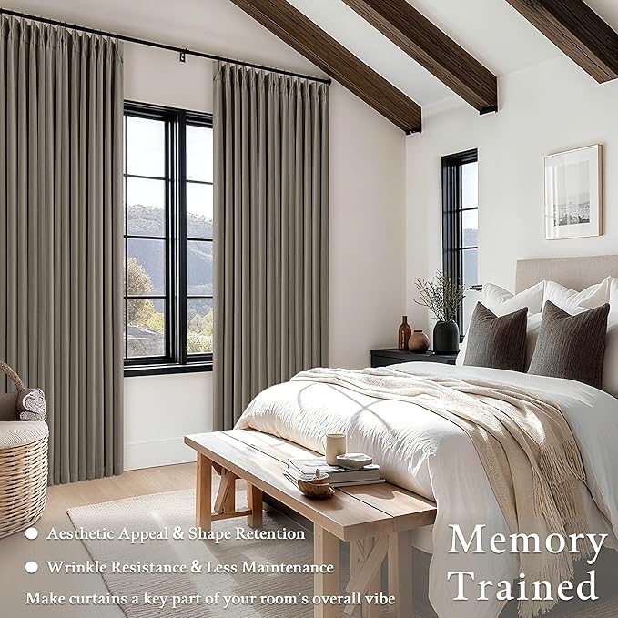 Desert Taupe Linen Blackout Pleated 86 Inch Curtains for Living Room Darkening Pinch Pleat 100% Black Out Drapes Thermal Insulated Soundproof Brownish Grey 86 Inch Curtain for Dining Bedroom