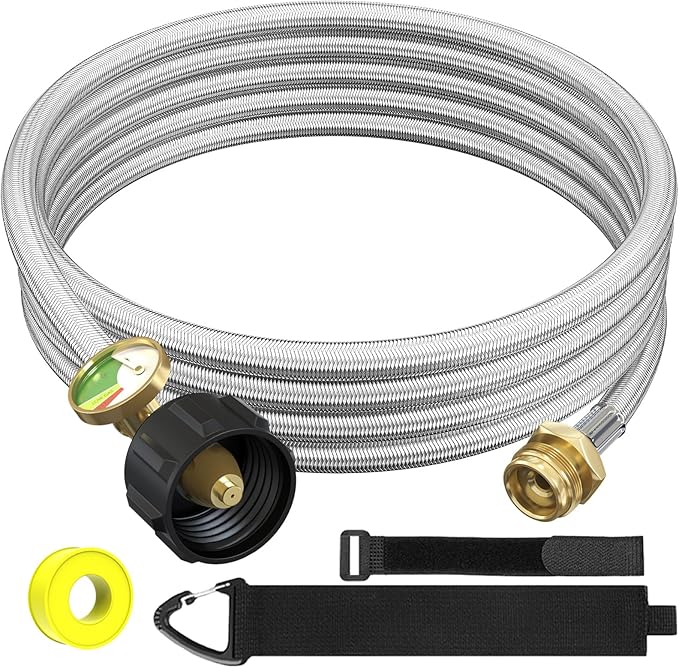 NQN 12FT Stainless Braided Propane Adapter Hose with Gauge, Propane Tank Hose Adapter 1lb to 20lb Converter for QCC1/Type1 Coleman Camp Stove, Buddy Heater, Tabletop Grill&More 1lb Portable Appliance