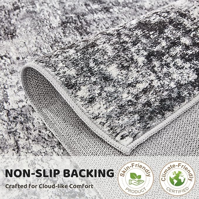 Washable Runner Rug for Hallway: 3x8 Neutral Modern Abstract Low Pile Area Rug with Non-Slip Backing - Carpet for Bedroom Kitchen Laundry Entryway Bathroom Indoor - Grey