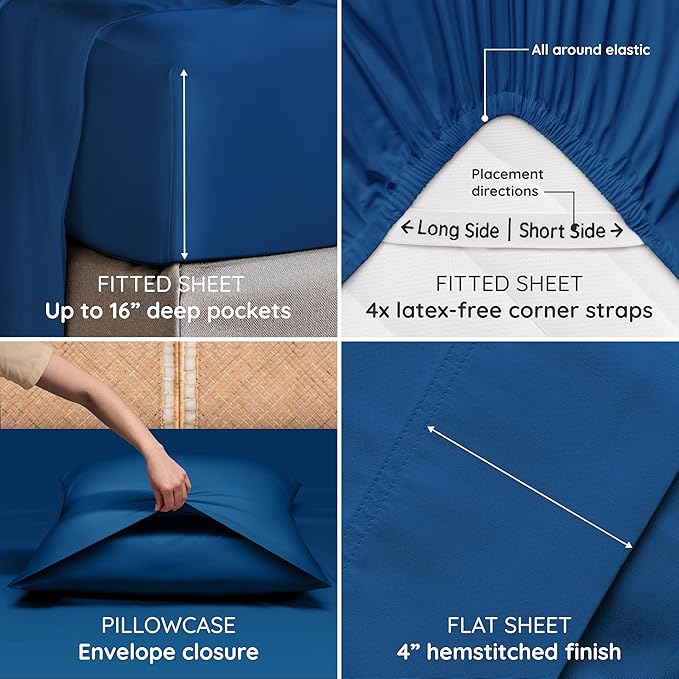 Bambaw 100% Viscose Derived from Bamboo Sheets Deep Pockets Queen Size Set – 4pcs Soft Bedding, Fits Up to 16'' with Elastic Corner Straps, Queen Size Cooling Sheets (Navy Blue)