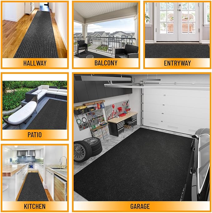 Ottomanson 2' x 31' Hallway Runner with Scraper Pile Extra Durable Non-Slip Rug Mat for Indoor & Outdoor Use - Ideal for Kitchen, Entryway, Patio & Garage - High-Traffic Carpet, Black