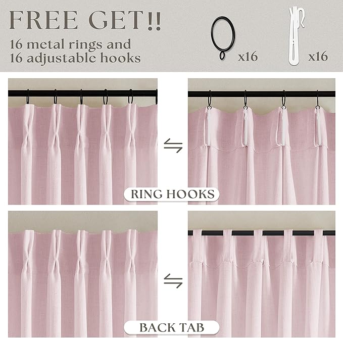 Pinch Pleat Light Pink Semi Sheer Curtains 108 Inches Long for Girls Bedroom Living Room Light Filtering Pleated Linen 108 Inch Curtains Drape Window 2 Panels Set Pink Blush Babys Nursery