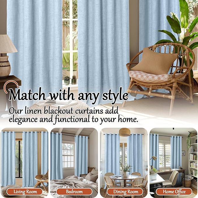 Baby Blue Linen Blackout Curtains for Nursery 63 Inch Length 2 Panels Set, Thermal Insulated Boho Total Black Out Noise Reducing Bonzer Grommets Window Curtains for Kids Bedroom, Each 52 Inch Wide