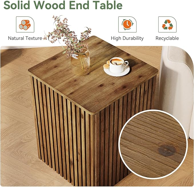 Solid Wood End Table Set of 2, Square Fluted Side Table for Living Room, Farmhouse Bedside Nightstand with Storage and Removable Lid for Bedroom, Small Spaces (2 PCS, Rustic Brown)