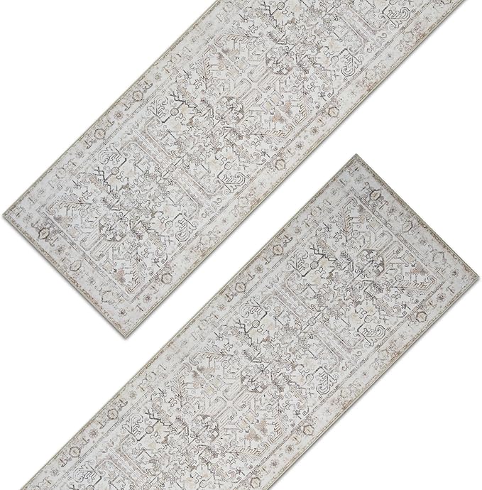 jinchan Lima Kitchen Runner Rug 3x8-2pcs, Bohemian Hallway Washable Rug Floral Non Slip with Rubber Backing Vintage Carpet Runner for Bedroom Bathroom Laundry Room Living Room Taupe