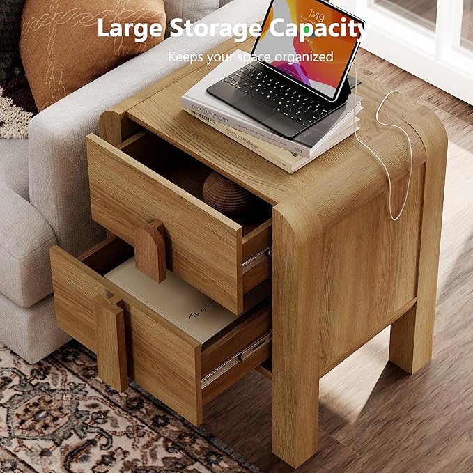 WAMPAT 23.7" Tall Modern Nightstand with Charging Station,Wood Bedside Table w/2 Storage Drawers,Curved Profile Design,Sofa Side Table End Table for Bedroom, Light Walnut