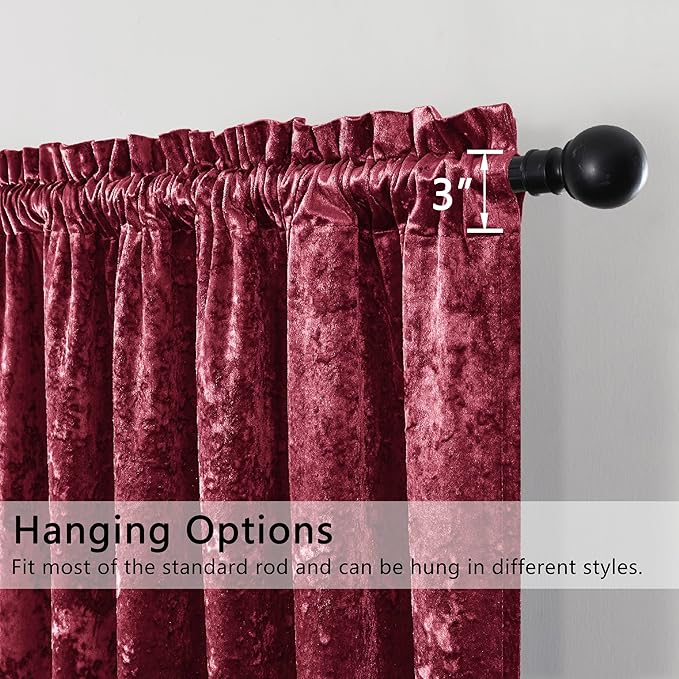 SMILETIME Burgundy Red Crushed Velvet Curtains 52x108inch Rod Pocket Luxurious Thermal Insulated Soundproof Drapes Soft and Durable Light-Filtering Window Treatments for Living Room Bedroom, 2 Panels