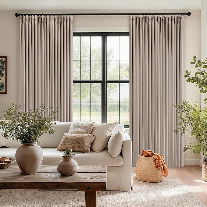 Memory Trained Pinch Pleated 100% Blackout Linen 80 Inch Curtains for Bedroom Room Darkening Light Blocking Burlywood Tan Window Curtain 80 Inches Long Living Room Black Out Pleat Drapes Dual Layer
