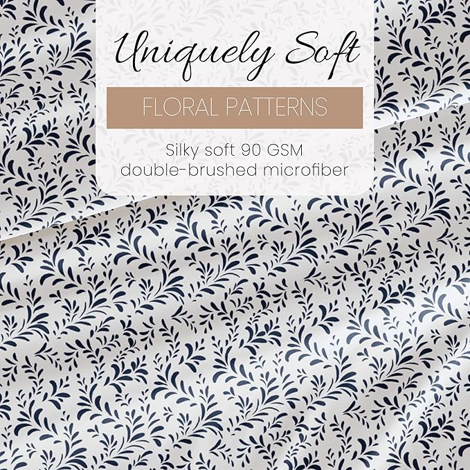 Linen Market 4 Piece King Sheet Set - Breathable, Double-Brushed Patterned Cooling Sheets – Oeko-TEX Certified Ultra Soft & Wrinkle-Free 16" Deep-Pocket King Sheets - Easy Care Burst of Vines Navy