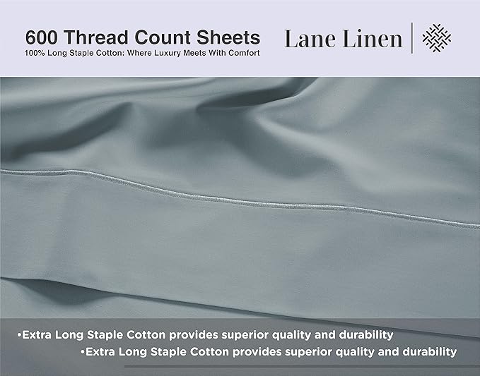 LANE LINEN 100% Cotton Bed Sheets – 600 Thread Count Cooling Sheets Queen, Durable Daily Use Bedding, Value Comfort for Night Rest, Hotel Sateen Finish, Snug Fit 15" Deep Pocket – Blue