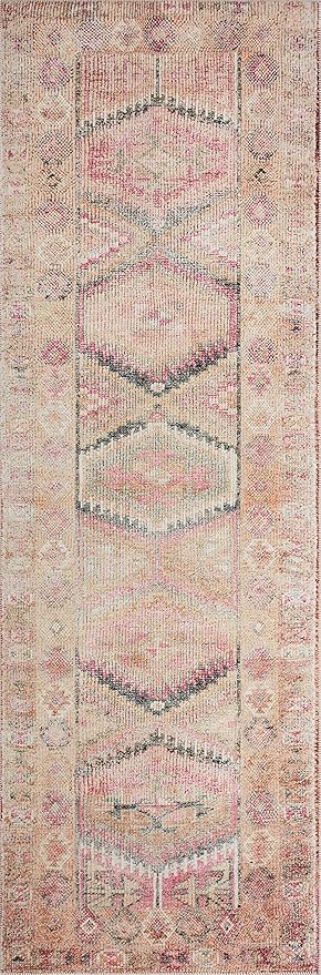 Loloi Layla Collection LAY-17 Pink/Lagoon 3'-6" x 5'-6" .13" Thick Accent Rug, Soft, Durable, Vintage Inspired, Distressed, Low Pile, Non-Shedding, Easy Clean, Printed, Living Room Rug