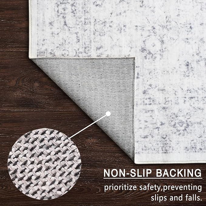 vivorug 5x7 Area Rugs - Ultra-Thin Washable Rug with Non-Slip Backing, Ideal for Living Room, Bedroom, Dining Room Indoor - Vintage, Easy Clean, Durable, Low Pile Rug Grey
