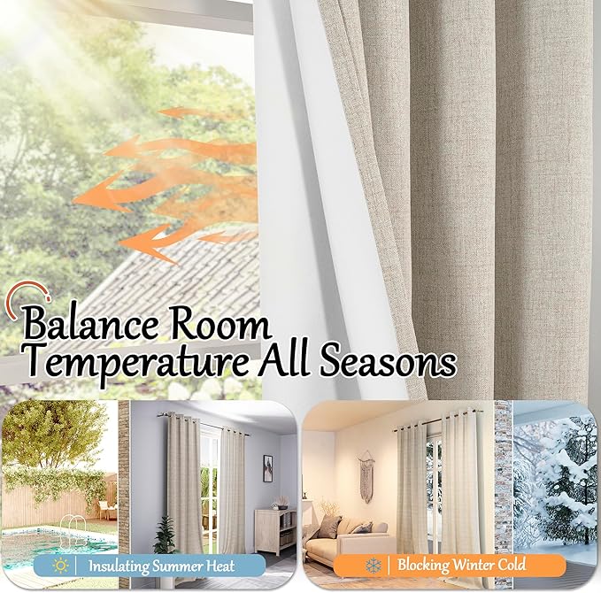 45 Inch Length Linen Blackout Curtains for Short Cafe Window, Thermal Insulated Light Blocking Soundproof Privacy Burlap Curtains 2 Panels, Each 38 Inch Wide Beige