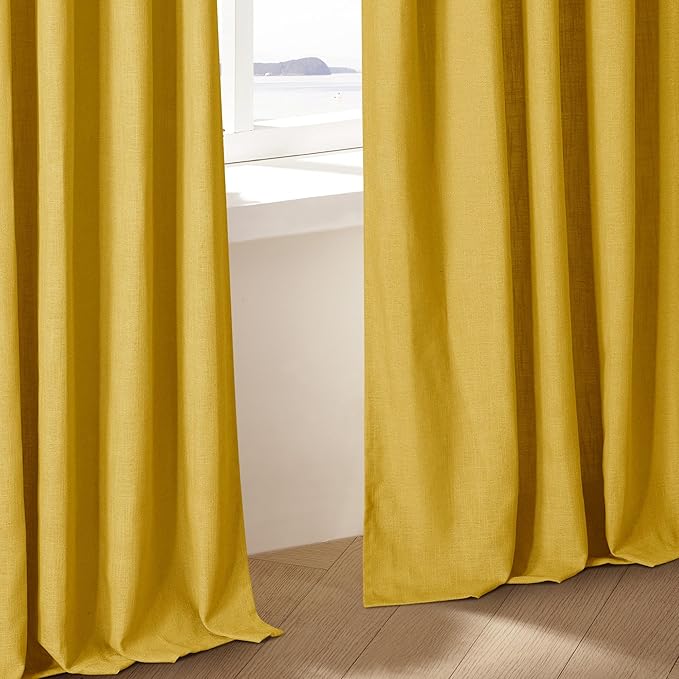 Pleated Linen Curtains 96 Inches Long for Living Room 2 Panel Set Semi Sheer Light Filtering Pinch Pleat with Rings Hooks Drapes Spring Farmhouse Rustic Mustard Yellow Gold Curtain Bedroom Window