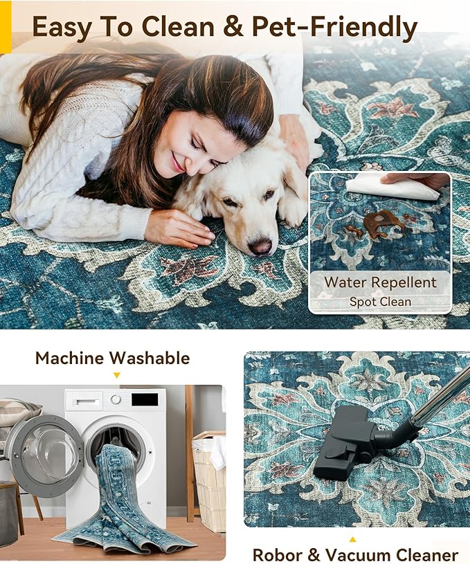 Area Rugs 4ft Washable Non-Slip, Floral Vintage Distress Print Pattern Medallion Carpet for Living Room Bedroom Dining Room, Teal Green Lake Blue Turquoise