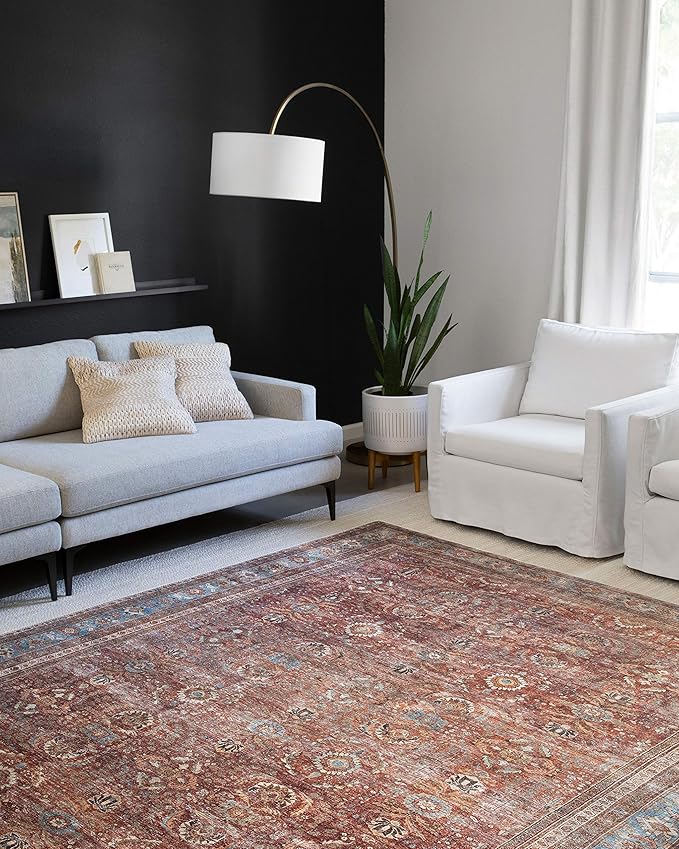 Loloi Layla Collection LAY-01 Brick/Blue 9'-0" x 12'-0" .13" Thick Area Rug, Soft, Durable, Vintage Inspired, Distressed, Low Pile, Non-Shedding, Easy Clean, Printed, Living Room Rug