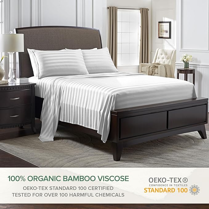Pure Bamboo California King Sheets, Genuine 100% Organic Viscose Derived from Bamboo Bed Sheet Set, Soft & Cooling, Double Stitching, 2 Year Quality Promise (California King, Jacquard White)