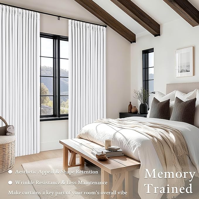 White Blackout Pinch Pleated Linen Curtains 105 Inches Long for Living Room 2 Panels Thermal Insulted Dual Layer Drapes Ceiling Floor Back Tab 105 Inch Window Curtains Bedroom Sliding Glass Door