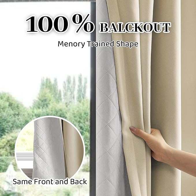 100% Blackout Thermal Insulated Curtains, 3 Layers Noise Absorbing, Soundproof Back Tab Drapes for Sliding Glass Door Baby Nursery Bedroom with Hooks, Beige 50x84 Inch Set of 1