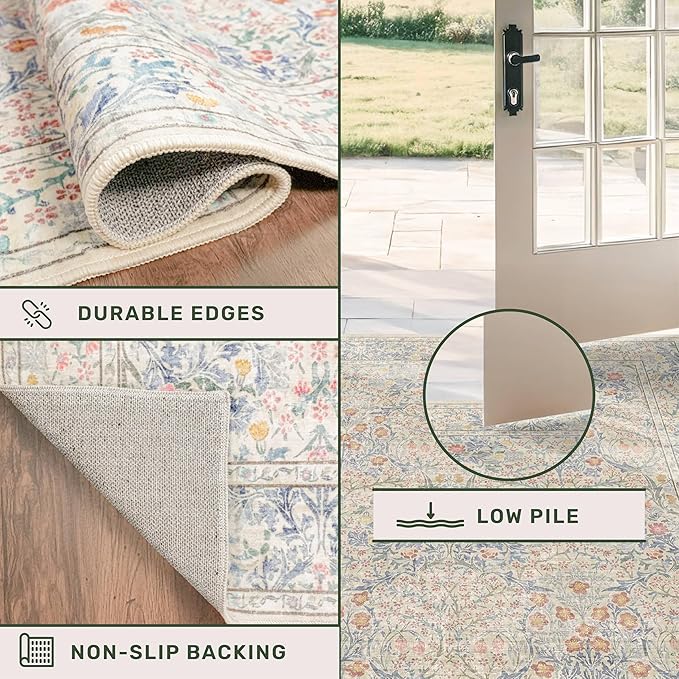 Boho 3x16 Wide Hallway Runner - Beige Blue and Purple, Washable Low Pile Non Slip Stain Resistant 16ft Runner Rug for Long Kitchen, Hall Way, Floral Forest Decor