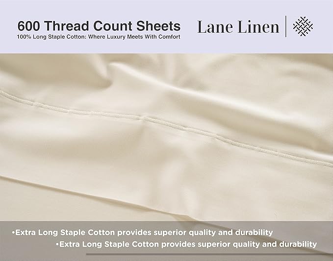 LANE LINEN Bed Sheets Queen Size – Premium 600 Thread Count Long-Staple 100% Cotton Sheets Queen Size Set, Hotel Luxury Soft & Cool Sateen Finish, Fully Elasticized 15" Deep Pocket – Ivory