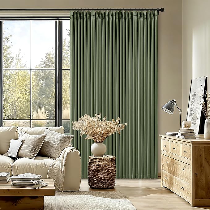 Thick Linen Olive Green Blackout Curtains 90 Inches Long for Living Room Bedroom 100% Black Out Pinch Pleated Drapes Double Layer Room Darkening Light Blocking Thermal Insulated 90 Inch Curtain Loden