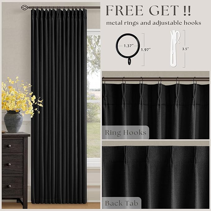 Black 96 Inch Blackout Pinch Pleated Curtains 2 Panel Set for Living Room Darkening Thick Linen Textured 100% Black Out Drapes 96 Inches Long Pinch Pleat Back Tab Light Blocking Bedroom Curtains