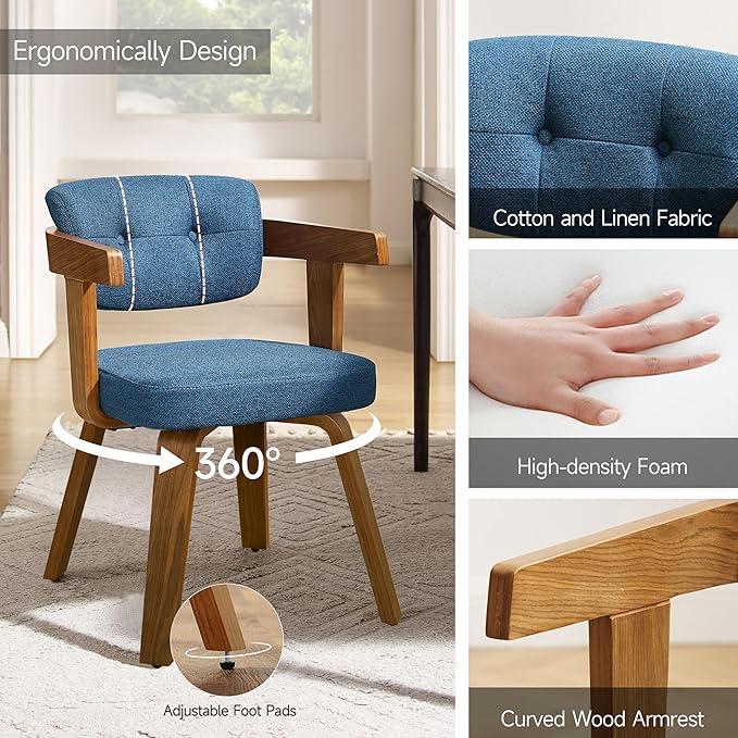 Art Leon Office Chair No Wheels - Mid Century Modern Desk Chair Fabric Upholstered Swivel Dining Chairs with Wood Legs for Small Spaces Home Office Living Room Bedroom Study, Blue/Walnut