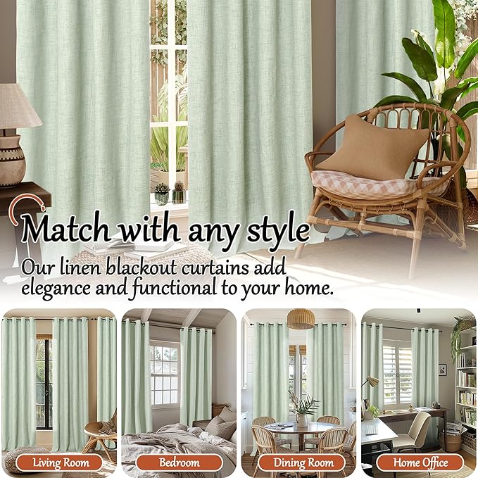 Sage Green Blackout Curtains for Bedroom - Linen Curtains 45 Inch Length Thermal Insulated Privacy Burlap Boho Window Drapes for Basement Scandi Farmhouse Nursery, 2 Panels, Each 52" Wide
