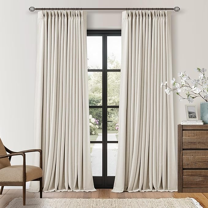 Pinch Pleat Extra Long 120 Inch Blackout Curtains for Living Room 2 Panels Set 100% Black Out Flax Burlap Natural Beige Cream White Pleated Drapes Room Darkening Luxury High Ceiling Windows Curtain