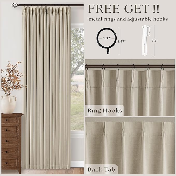 Memory Trained Pinch Pleated 100% Blackout Linen 86 Inch Curtains for Bedroom Room Darkening Light Blocking Beige Tan Window Curtain 80 Inches Long Living Room Black Out Pleat Drapes Dual Layer