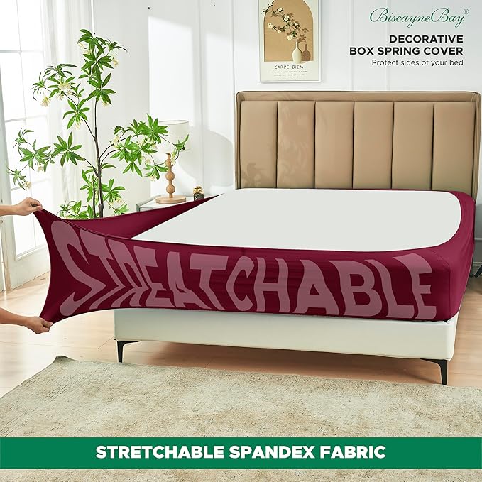 Biscaynebay Decorative Box Spring Cover King & Cal King Size, Burgundy Luxurious Jersey Knitting Stretchy Wrap Around 4 Sides Bed Skirt for Home/Hotels, Easy Fit Wrinkle & Fade Free Machine Washable