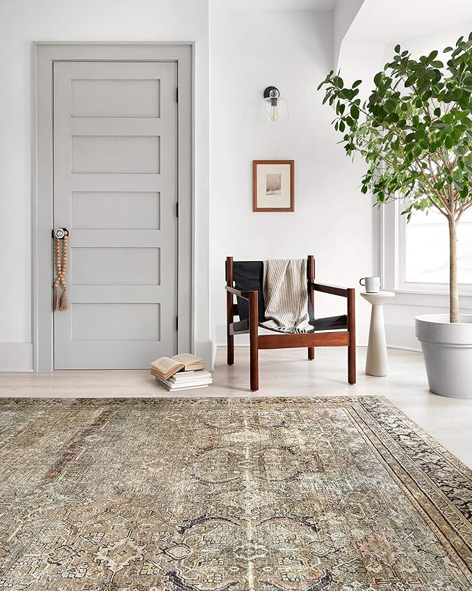 Loloi Layla Collection LAY-03 Olive/Charcoal 3'-6" x 5'-6" .13" Thick Accent Rug, Soft, Durable, Vintage Inspired, Distressed, Low Pile, Non-Shedding, Easy Clean, Printed, Living Room Rug