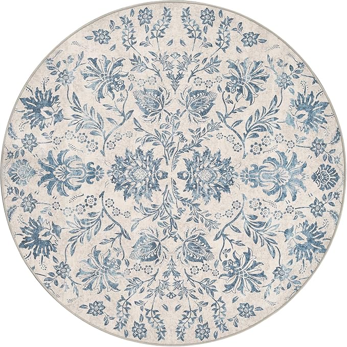 jinchan Torino Classic Floral Round Rug 5ft, Vintage-Inspired Design 5’Circle Rug, Machine Washable Ultra-Thin Low-Pile Non-Slip Indoor Carpet for Bedroom Dining Room Living Room Entryway, Dark Blue
