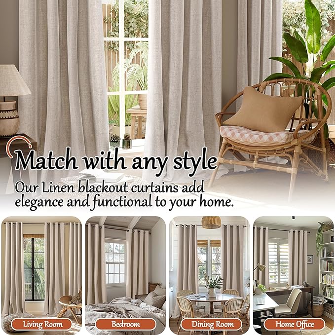 Linen Blackout Curtains for Bedroom Narrow Window, Thermal Insulated Complete Light Blocking Privacy Soundproof Small Curtains for Basement, Each 38 Inch Wide 63 Inch Length 2 Panels, Beige