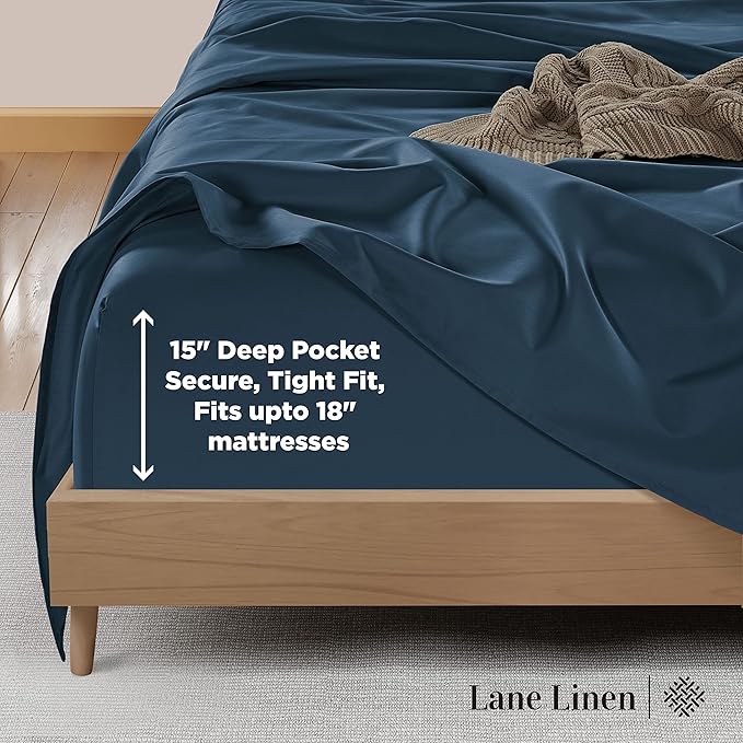 LANE LINEN 100% Cotton 600 Thread Count Twin XL Bed Sheets Set - Fully Elasticized, Cotton Sheets Twin XL Size Bed Set - Soft & Comfy Perfect for Dorm Room, Luxury Hotel Style Sheet - Dark Denim