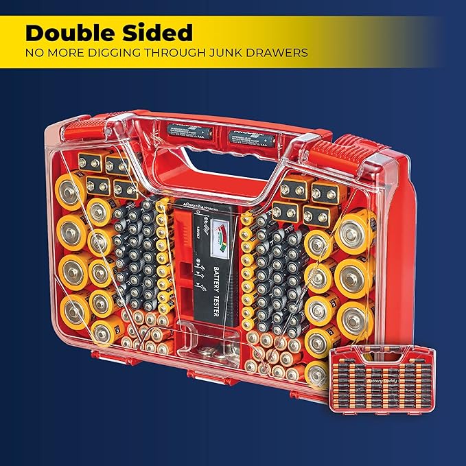Ontel Battery Organizer with Tester | Stores 180 Batteries | Clear Locking Lid | As Seen On TV | Pack of 2