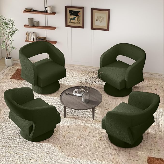 Swivel Accent Chair Set of 2, Modern Comfy Teddy Barrel Chairs, Oversized Upholstered Round Arm Chair for Living Room, Bedroom, Reading Room, Green