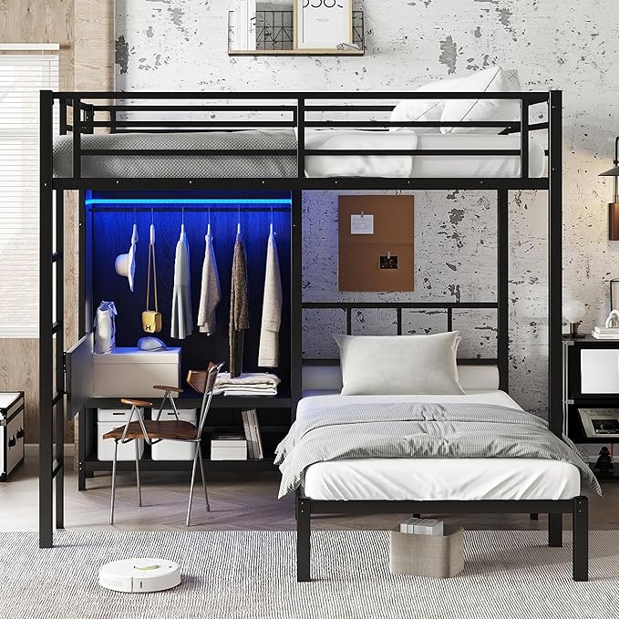 Full XL Over Twin Metal Bunk Bed with Folding Desk, Closet with LED, Space-Saving/Noise Reduced, Black Classic Platform Bed Frame, Easy Assembly YJXW1580S00113